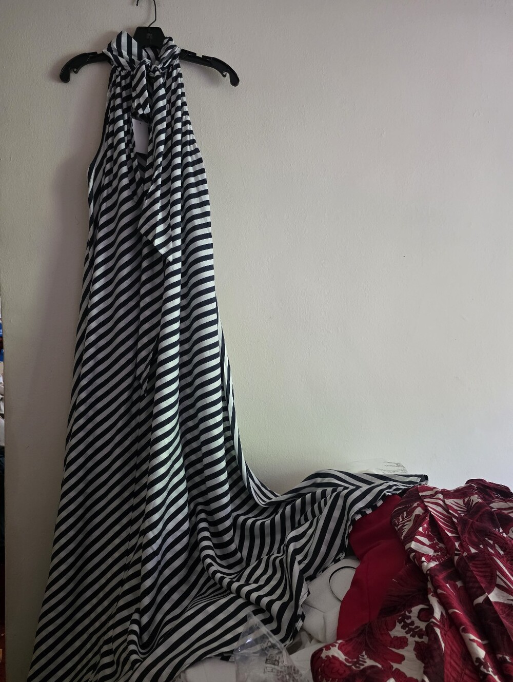 H&M Tie-detail A-line Maxi Dress Navy Blue White Striped Bnwt - Picture 3 of 15